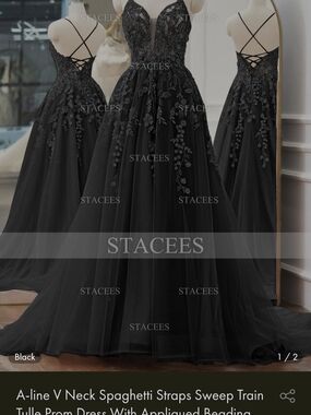 Stacees Black A-Line V-Neck Spaghetti Strap Prom Dress